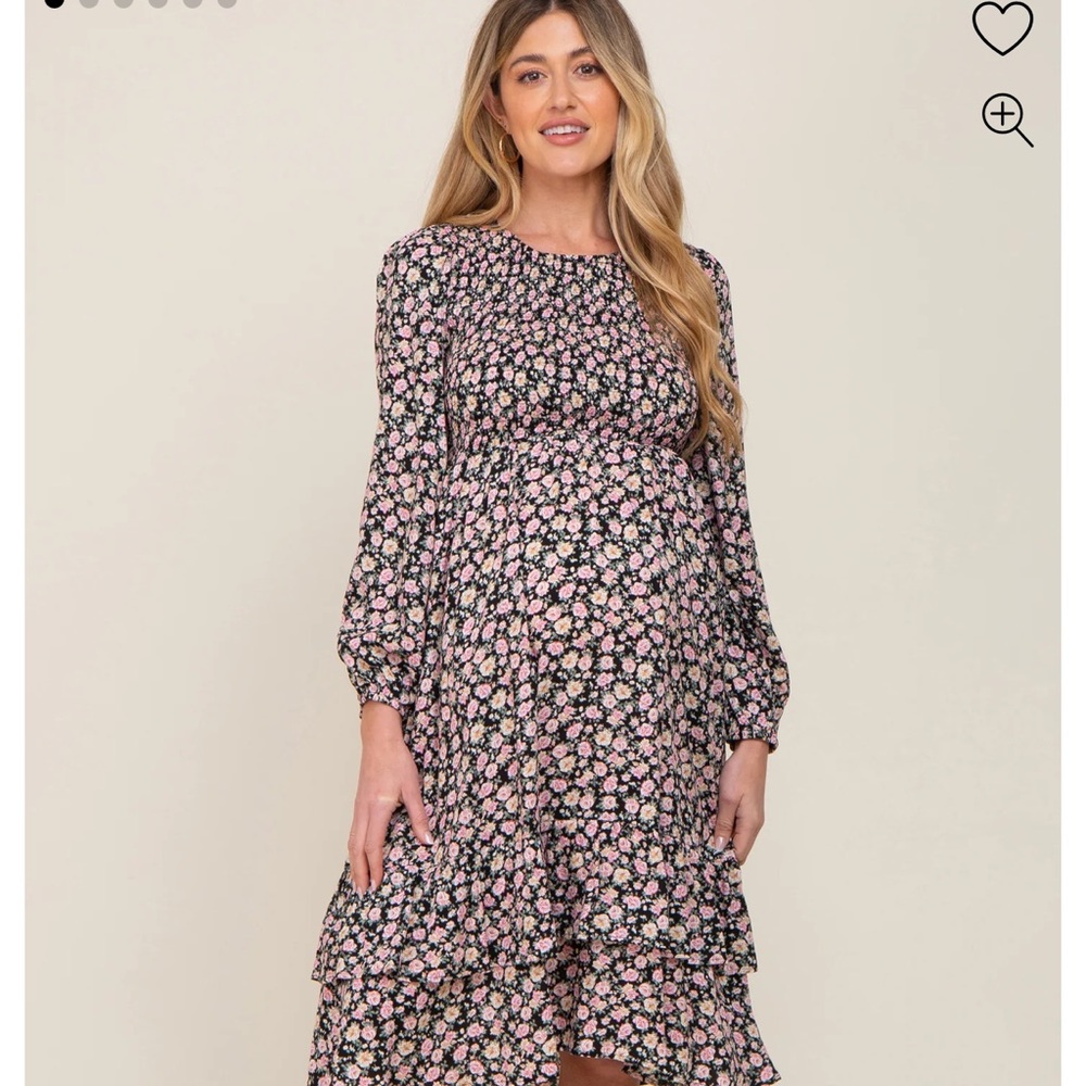 Black Floral Smocked 3/4 Sleeve Tiered Maternity Midi Dress NWOT Pinkblush